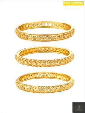 3 Pack 18K Gold Plated Bangle Bracelets Hollow Out Ethnic Carving Spring Clasp